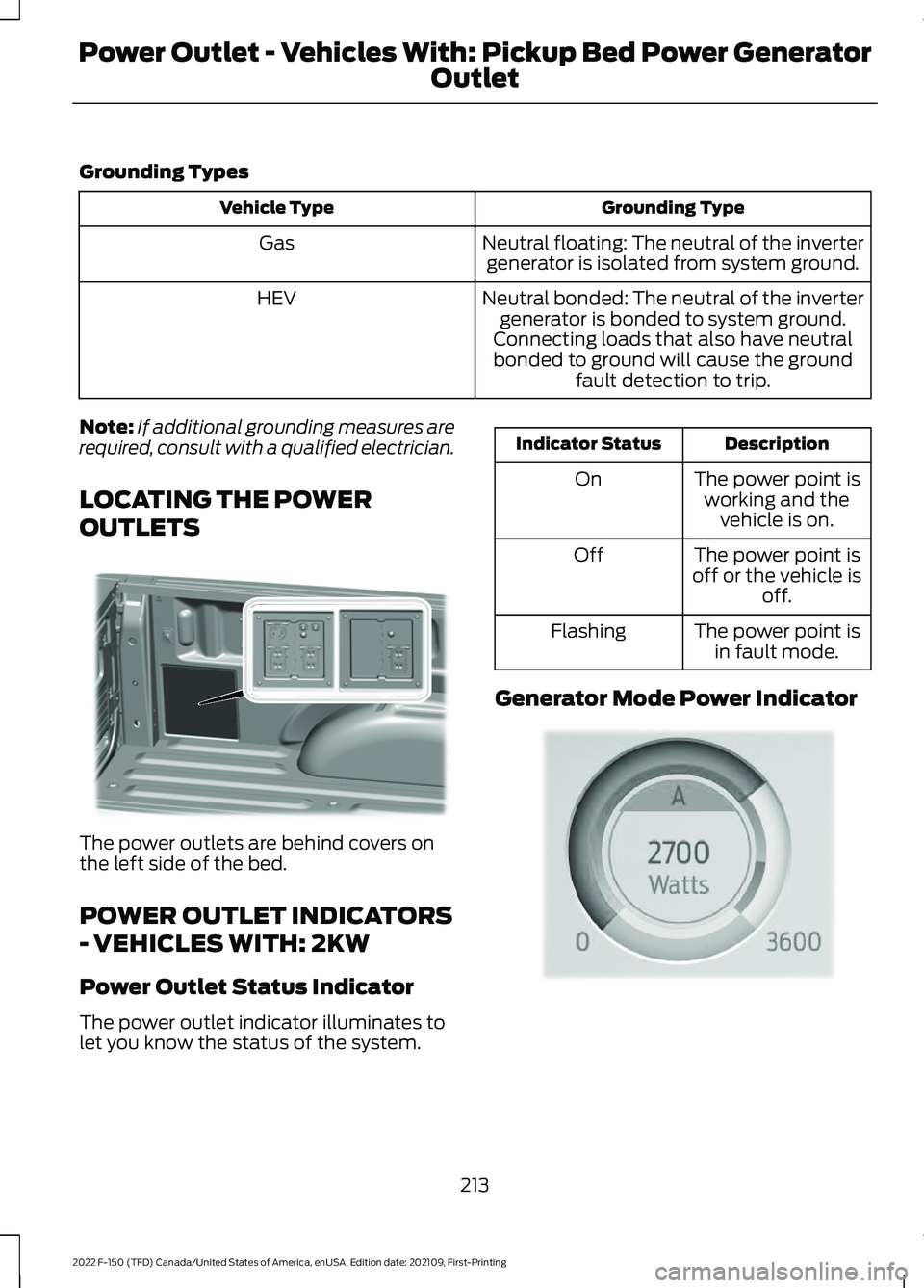 FORD F-150 2022 Owners Manual Grounding Types
Grounding Type
Vehicle Type
Neutral floating: The neutral of the invertergenerator is isolated from system ground.
Gas
Neutral bonded: The neutral of the invertergenerator is bonded to FORD F-150 2022 Owners Manual Grounding Types
Grounding Type
Vehicle Type
Neutral floating: The neutral of the invertergenerator is isolated from system ground.
Gas
Neutral bonded: The neutral of the invertergenerator is bonded to