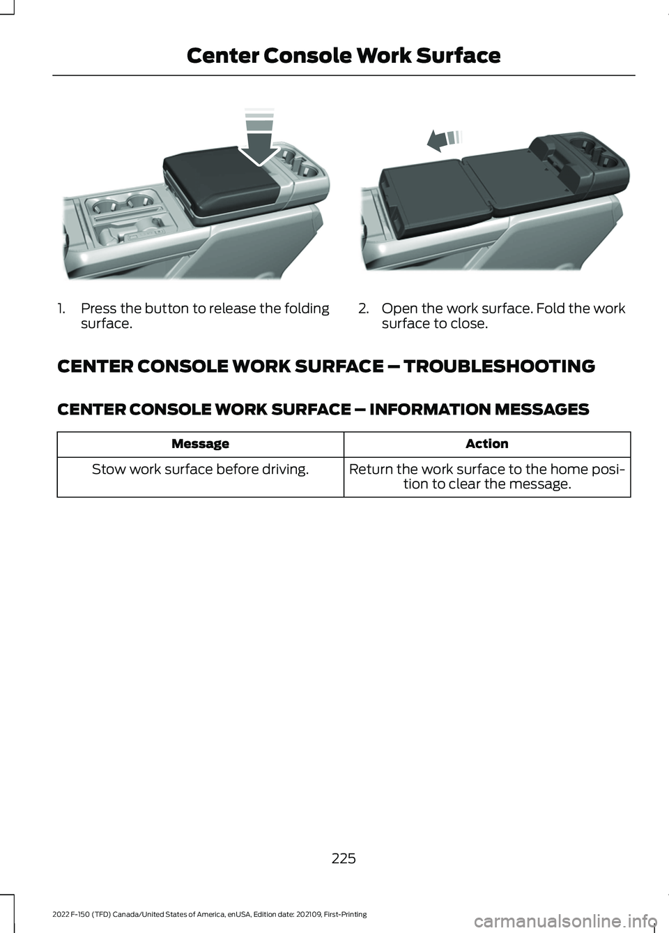 FORD F-150 2022  Owners Manual 1.
Press the button to release the folding
surface. 2. Open the work surface. Fold the work
surface to close.
CENTER CONSOLE WORK SURFACE – TROUBLESHOOTING
CENTER CONSOLE WORK SURFACE – INFORMATIO