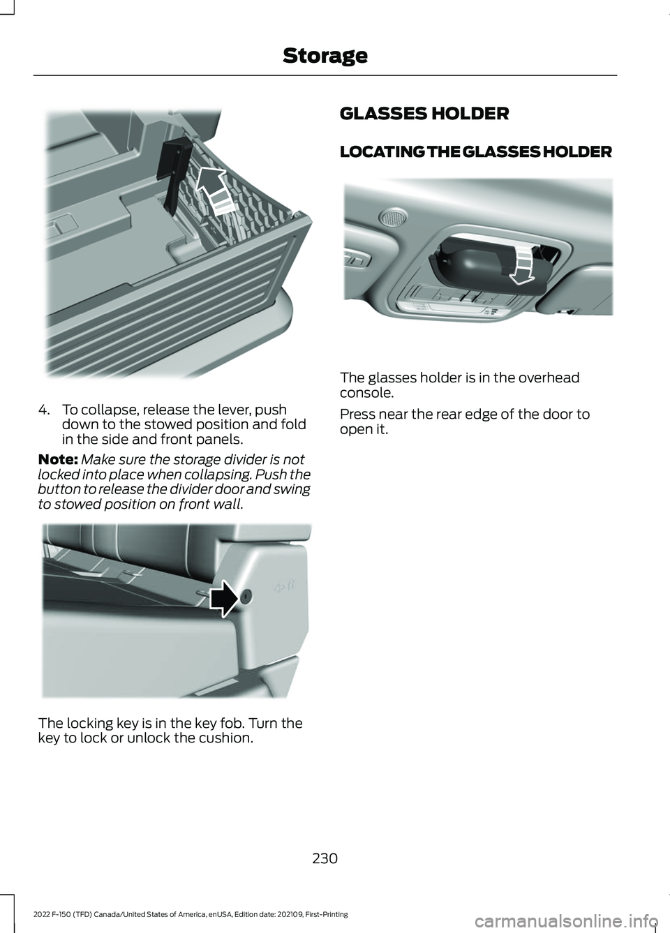 FORD F-150 2022 Owners Guide 4. To collapse, release the lever, push
down to the stowed position and fold
in the side and front panels.
Note: Make sure the storage divider is not
locked into place when collapsing. Push the
button FORD F-150 2022 Owners Guide 4. To collapse, release the lever, push
down to the stowed position and fold
in the side and front panels.
Note: Make sure the storage divider is not
locked into place when collapsing. Push the
button
