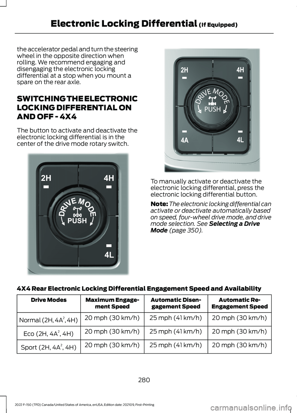 FORD F-150 2022 Owners Manual the accelerator pedal and turn the steering
wheel in the opposite direction when
rolling. We recommend engaging and
disengaging the electronic locking
differential at a stop when you mount a
spare on FORD F-150 2022 Owners Manual the accelerator pedal and turn the steering
wheel in the opposite direction when
rolling. We recommend engaging and
disengaging the electronic locking
differential at a stop when you mount a
spare on