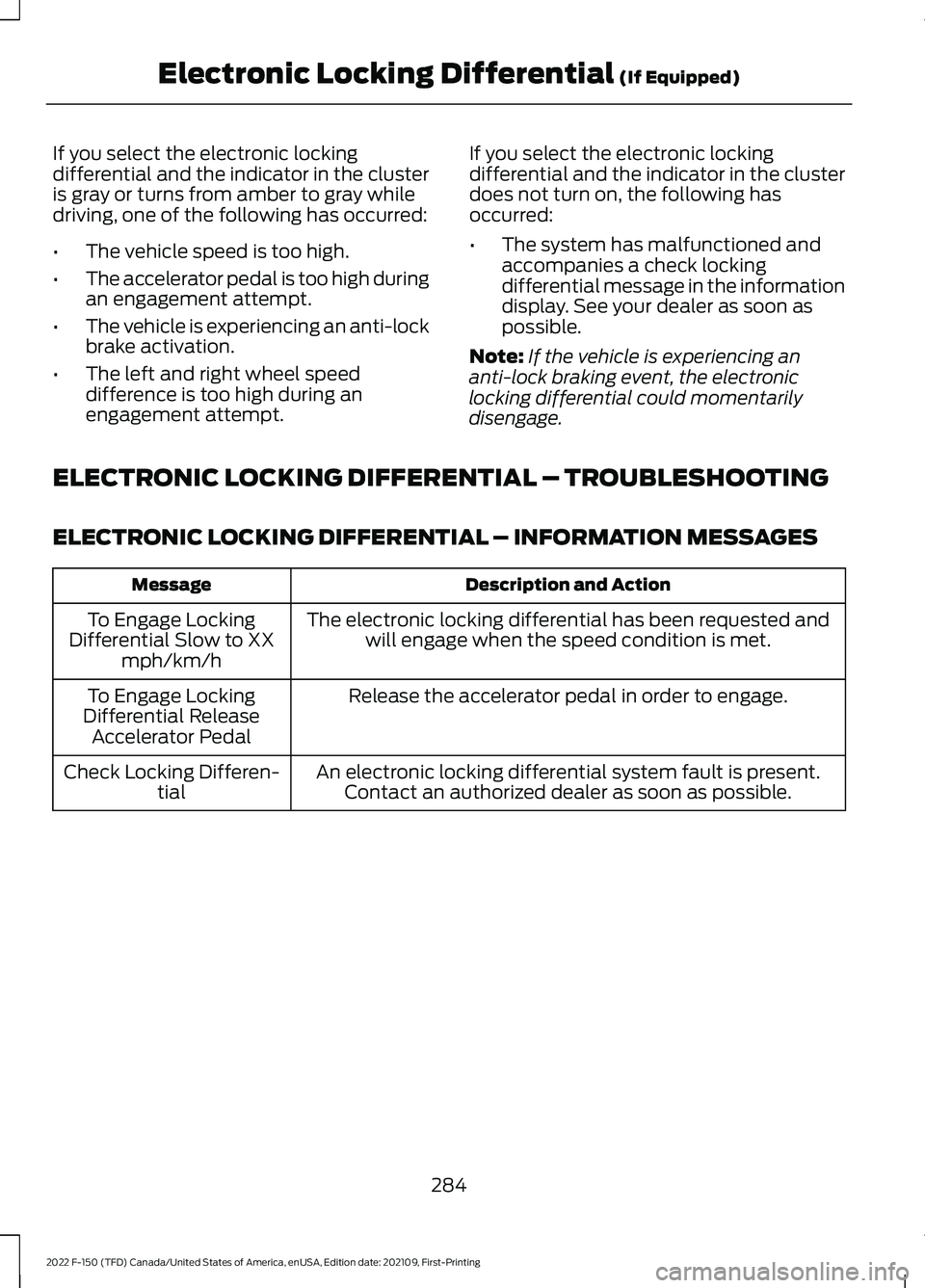 FORD F-150 2022 Owners Manual If you select the electronic locking
differential and the indicator in the cluster
is gray or turns from amber to gray while
driving, one of the following has occurred:
•
The vehicle speed is too hi FORD F-150 2022 Owners Manual If you select the electronic locking
differential and the indicator in the cluster
is gray or turns from amber to gray while
driving, one of the following has occurred:
•
The vehicle speed is too hi