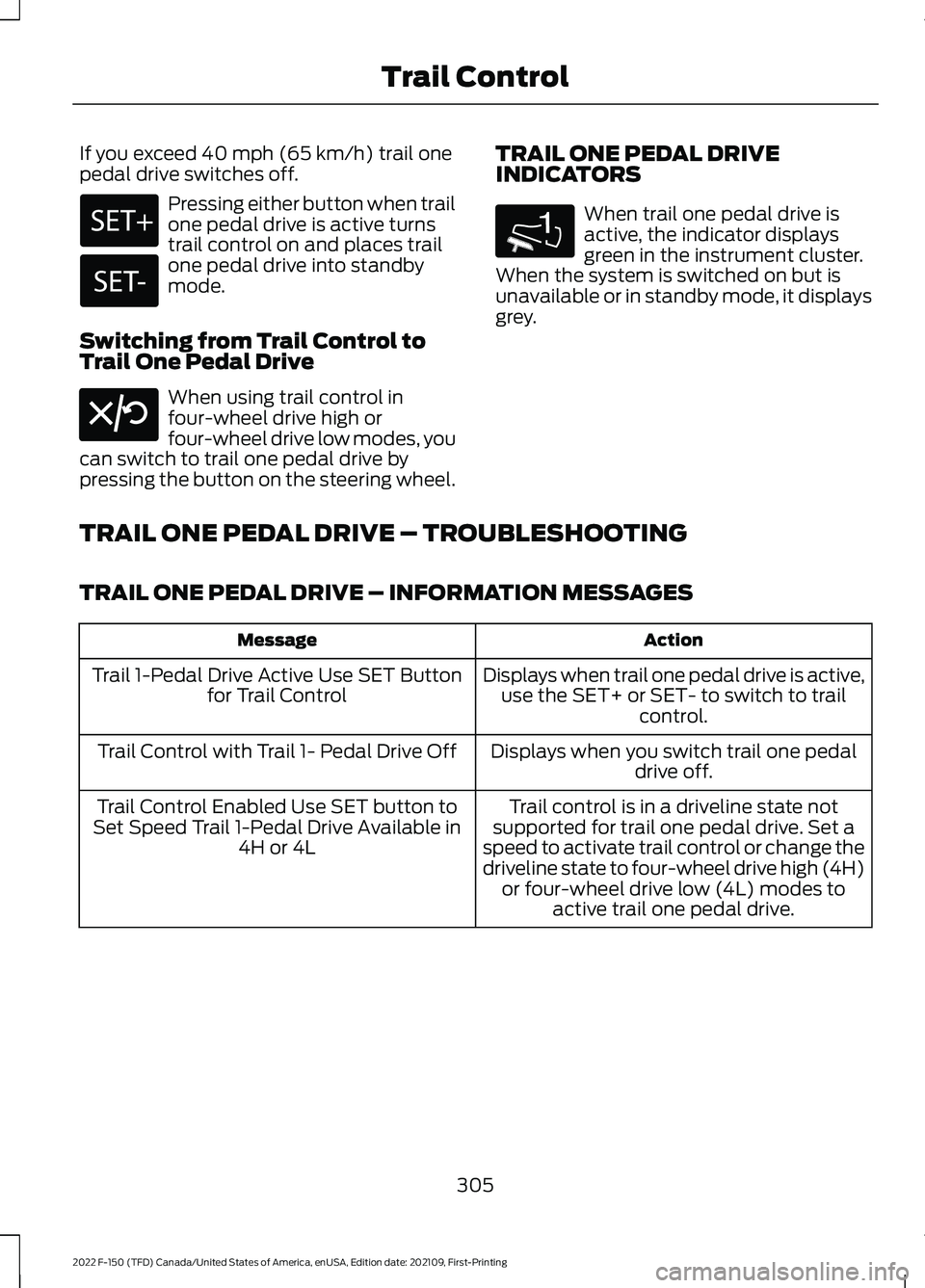 FORD F-150 2022 Owners Manual If you exceed 40 mph (65 km/h) trail one
pedal drive switches off. Pressing either button when trail
one pedal drive is active turns
trail control on and places trail
one pedal drive into standby
mode