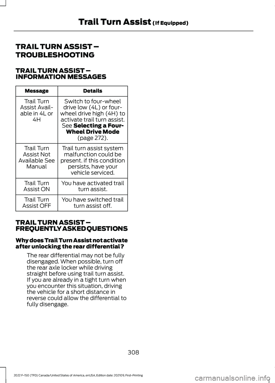 FORD F-150 2022  Owners Manual TRAIL TURN ASSIST –
TROUBLESHOOTING
TRAIL TURN ASSIST –
INFORMATION MESSAGES
Details
Message
Switch to four-wheel
drive low (4L) or four-
wheel drive high (4H) to activate trail turn assist. See S