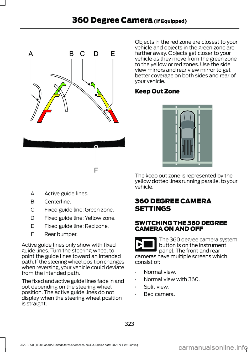 FORD F-150 2022  Owners Manual Active guide lines.
A
Centerline.
B
Fixed guide line: Green zone.
C
Fixed guide line: Yellow zone.
D
Fixed guide line: Red zone.
E
Rear bumper.
F
Active guide lines only show with fixed
guide lines. T