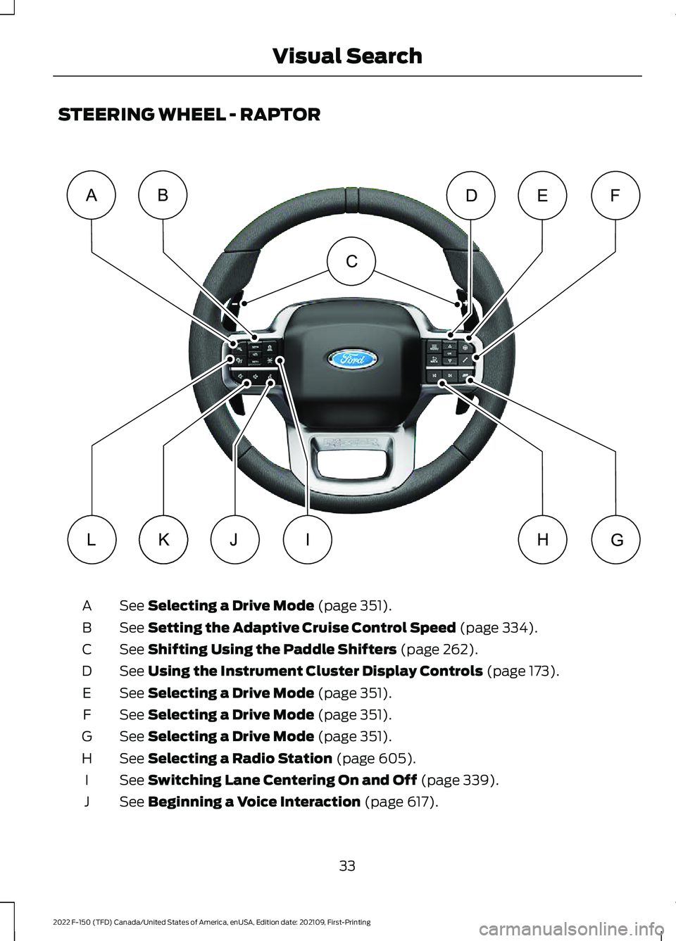 FORD F-150 2022 Owners Guide STEERING WHEEL - RAPTOR
See Selecting a Drive Mode (page 351).
A
See
Setting the Adaptive Cruise Control Speed (page 334).
B
See
Shifting Using the Paddle Shifters (page 262).
C
See
Using the Instr FORD F-150 2022 Owners Guide STEERING WHEEL - RAPTOR
See Selecting a Drive Mode (page 351).
A
See
Setting the Adaptive Cruise Control Speed (page 334).
B
See
Shifting Using the Paddle Shifters (page 262).
C
See
Using the Instr