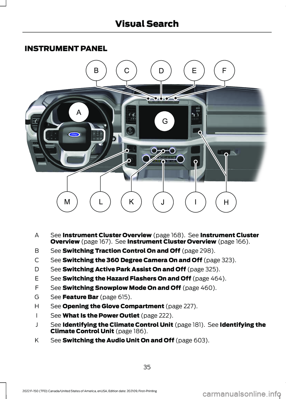 FORD F-150 2022 Owners Guide INSTRUMENT PANEL
See Instrument Cluster Overview (page 168).  See Instrument Cluster
Overview (page 167).  See Instrument Cluster Overview (page 166).
A
See 
Switching Traction Control On and Off (pag