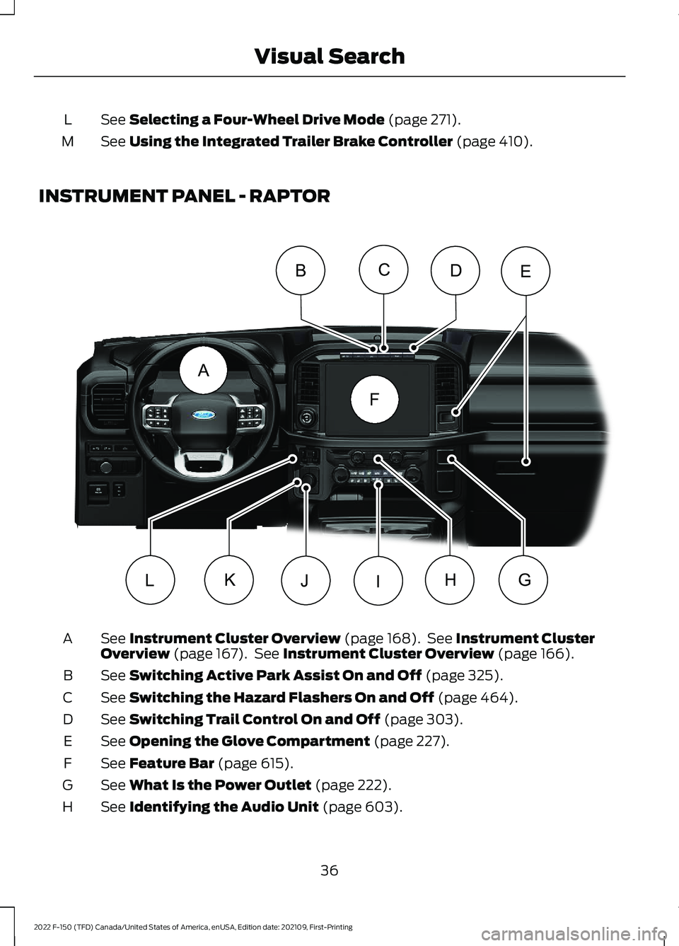 FORD F-150 2022 Owners Guide See Selecting a Four-Wheel Drive Mode (page 271).
L
See 
Using the Integrated Trailer Brake Controller (page 410).
M
INSTRUMENT PANEL - RAPTOR See 
Instrument Cluster Overview (page 168).  See Instrum