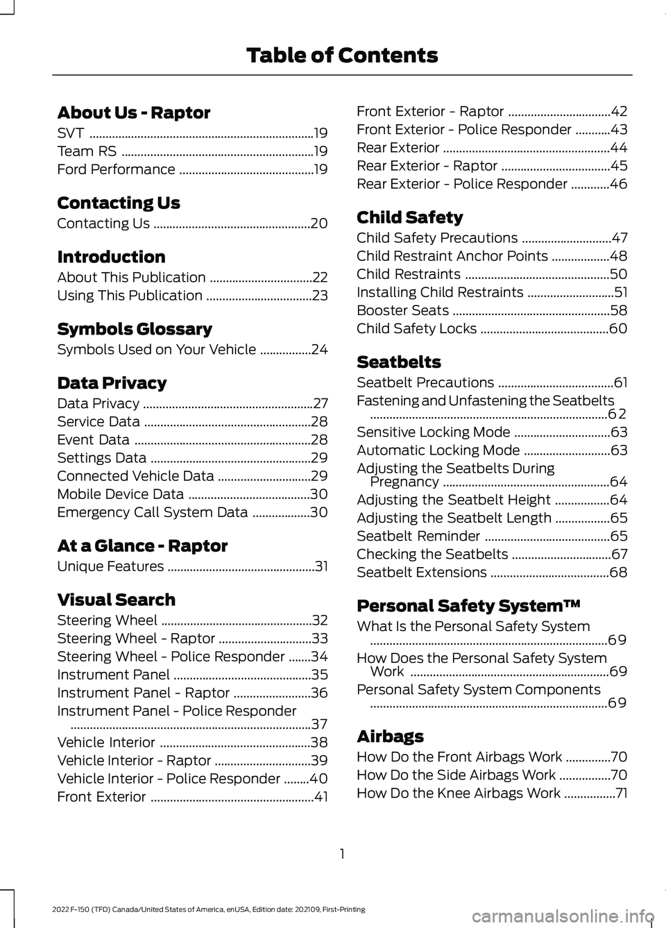 FORD F-150 2022  Owners Manual About Us - Raptor
SVT
......................................................................19
Team RS ............................................................
19
Ford Performance ................