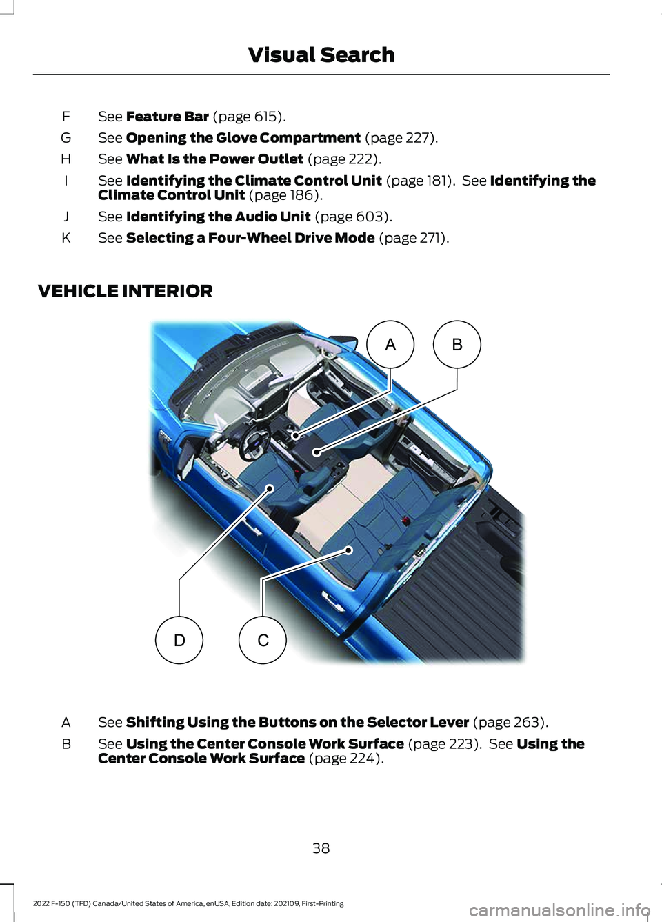 FORD F-150 2022  Owners Manual See Feature Bar (page 615).
F
See 
Opening the Glove Compartment (page 227).
G
See 
What Is the Power Outlet (page 222).
H
See 
Identifying the Climate Control Unit (page 181).  See Identifying the
Cl