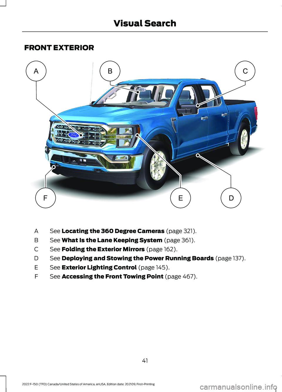 FORD F-150 2022 Service Manual FRONT EXTERIOR
See Locating the 360 Degree Cameras (page 321).
A
See 
What Is the Lane Keeping System (page 361).
B
See 
Folding the Exterior Mirrors (page 162).
C
See 
Deploying and Stowing the Power