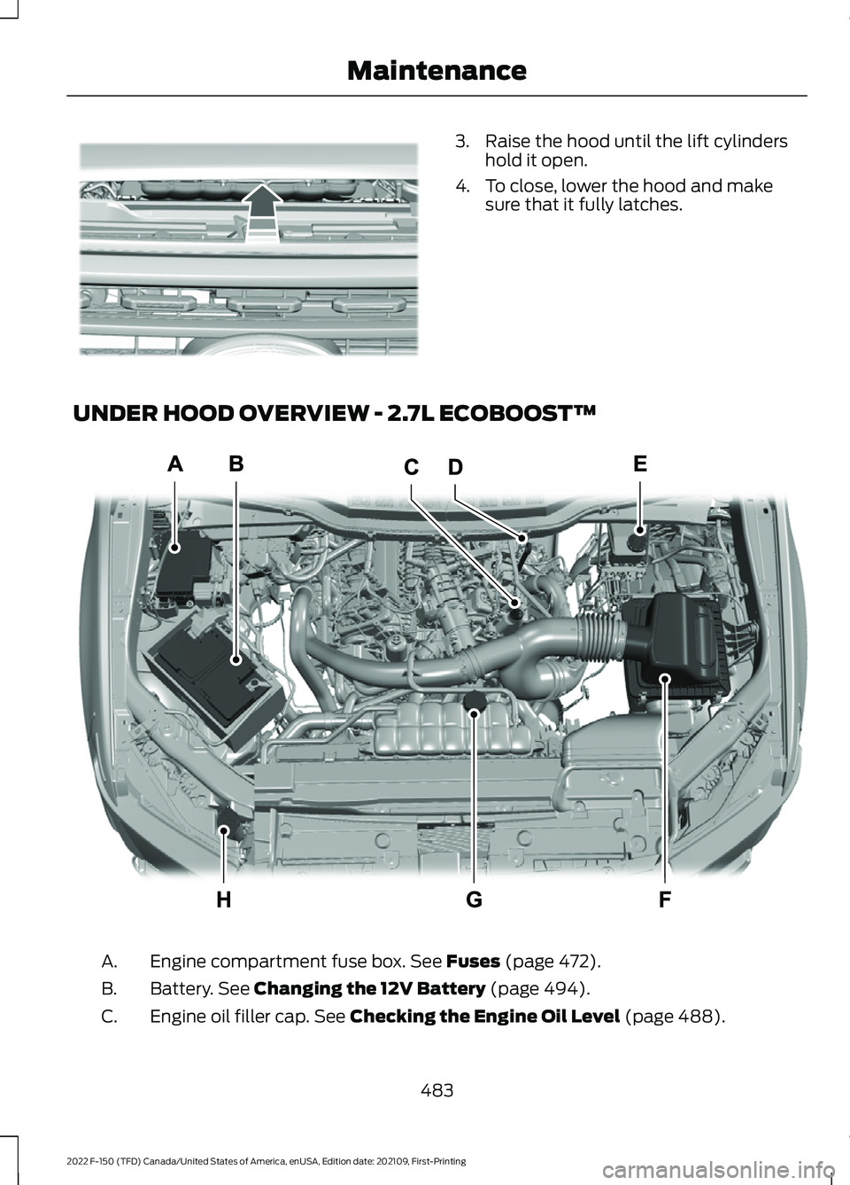 FORD F-150 2022  Owners Manual 3. Raise the hood until the lift cylinders
hold it open.
4. To close, lower the hood and make sure that it fully latches.
UNDER HOOD OVERVIEW - 2.7L ECOBOOST™ Engine compartment fuse box. See Fuses 