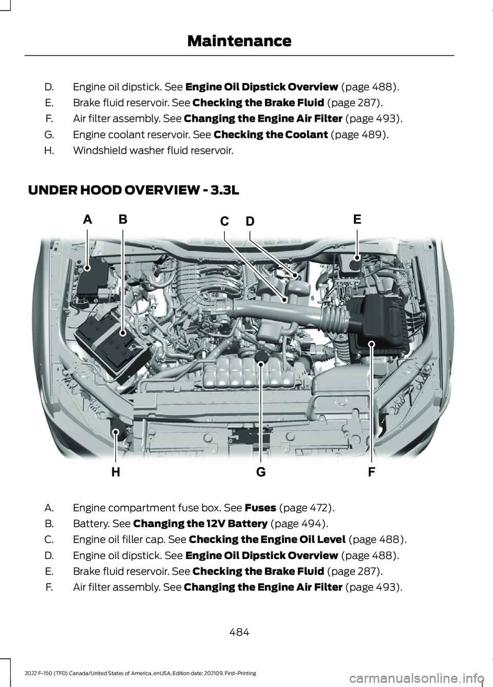 FORD F-150 2022  Owners Manual Engine oil dipstick. See Engine Oil Dipstick Overview (page 488).
D.
Brake fluid reservoir.
 See Checking the Brake Fluid (page 287).
E.
Air filter assembly.
 See Changing the Engine Air Filter (page 