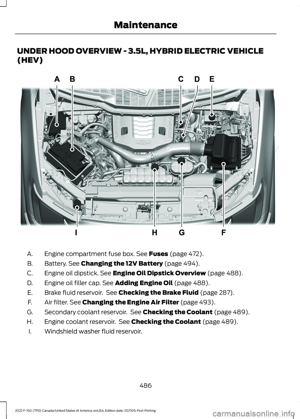 FORD F-150 2022  Owners Manual UNDER HOOD OVERVIEW - 3.5L, HYBRID ELECTRIC VEHICLE
(HEV)
Engine compartment fuse box. See Fuses (page 472).
A.
Battery.
 See Changing the 12V Battery (page 494).
B.
Engine oil dipstick.
 See Engine O