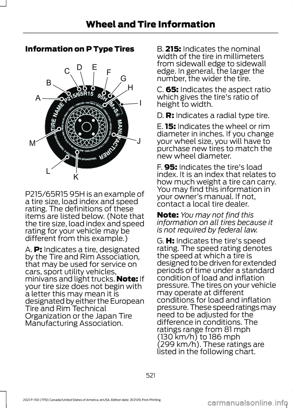 FORD F-150 2022  Owners Manual Information on P Type Tires
P215/65R15 95H is an example of
a tire size, load index and speed
rating. The definitions of these
items are listed below. (Note that
the tire size, load index and speed
ra