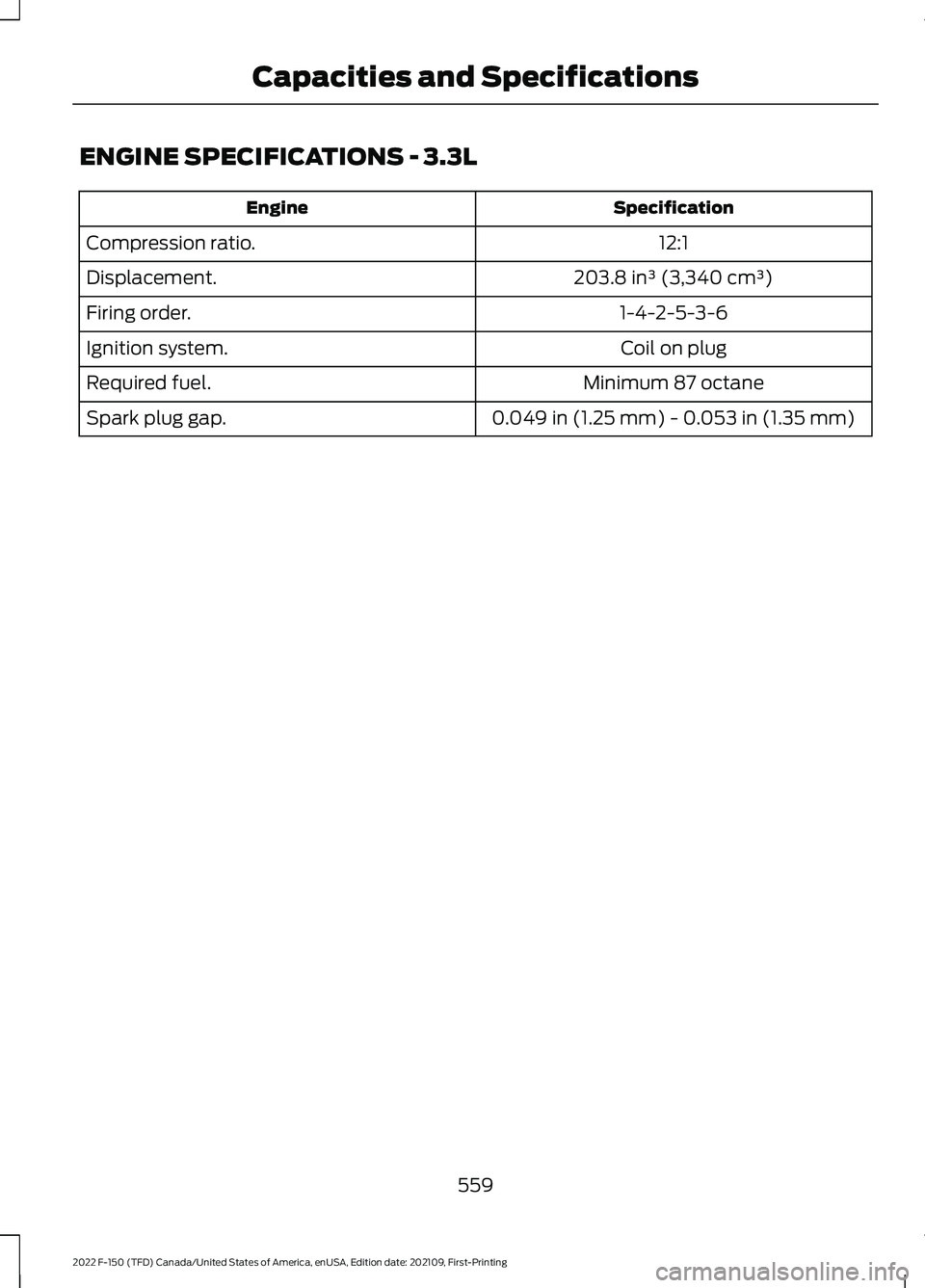 FORD F-150 2022  Owners Manual ENGINE SPECIFICATIONS - 3.3L
Specification
Engine
12:1
Compression ratio.
203.8 in³ (3,340 cm³)
Displacement.
1-4-2-5-3-6
Firing order.
Coil on plug
Ignition system.
Minimum 87 octane
Required fuel.