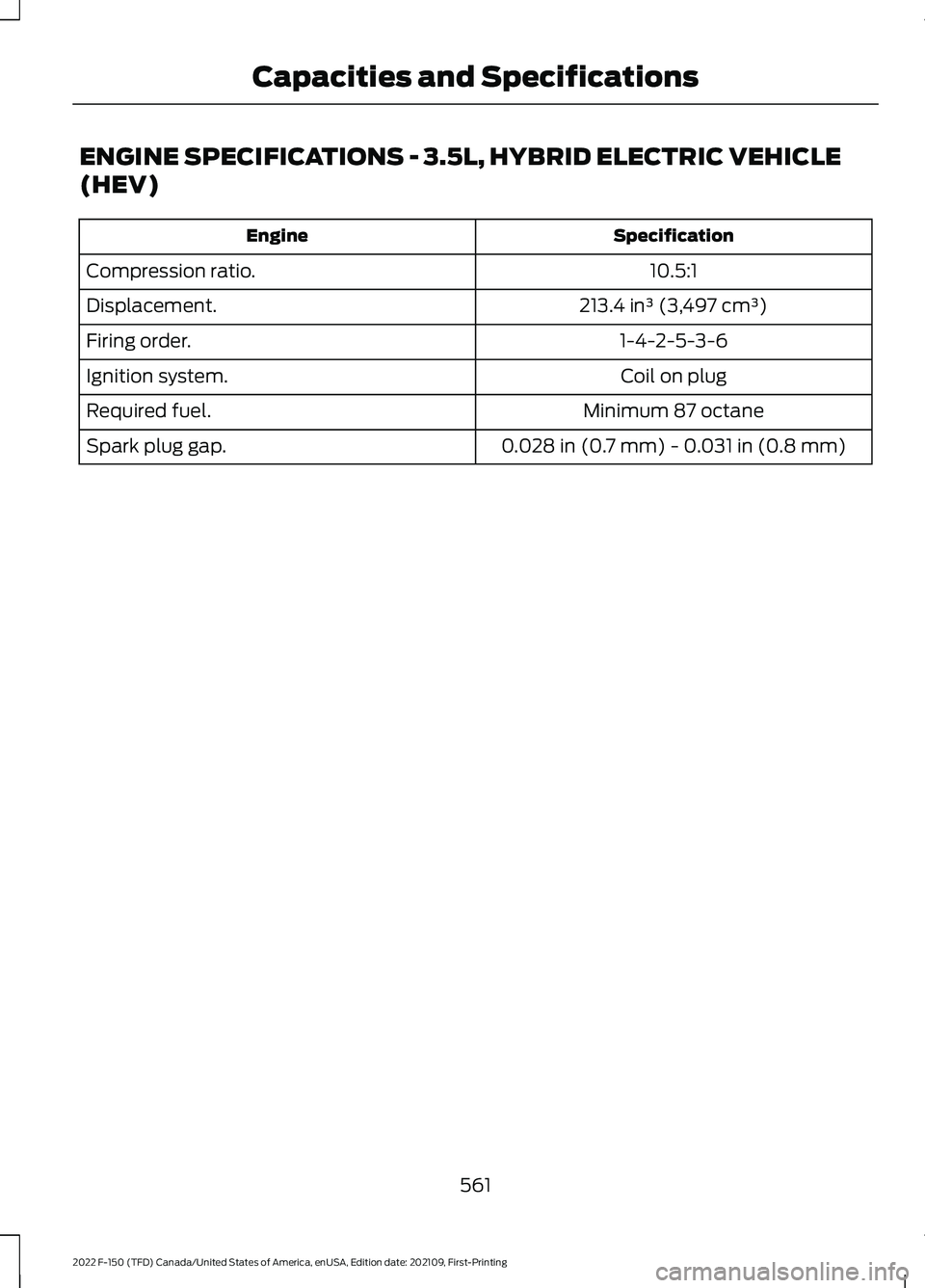 FORD F-150 2022  Owners Manual ENGINE SPECIFICATIONS - 3.5L, HYBRID ELECTRIC VEHICLE
(HEV)
Specification
Engine
10.5:1
Compression ratio.
213.4 in³ (3,497 cm³)
Displacement.
1-4-2-5-3-6
Firing order.
Coil on plug
Ignition system.