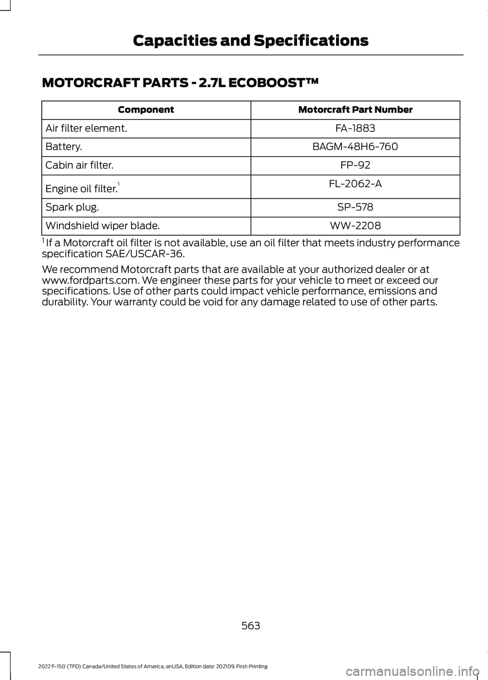 FORD F-150 2022  Owners Manual MOTORCRAFT PARTS - 2.7L ECOBOOST™
Motorcraft Part Number
Component
FA-1883
Air filter element.
BAGM-48H6-760
Battery.
FP-92
Cabin air filter.
FL-2062-A
Engine oil filter. 1
SP-578
Spark plug.
WW-220