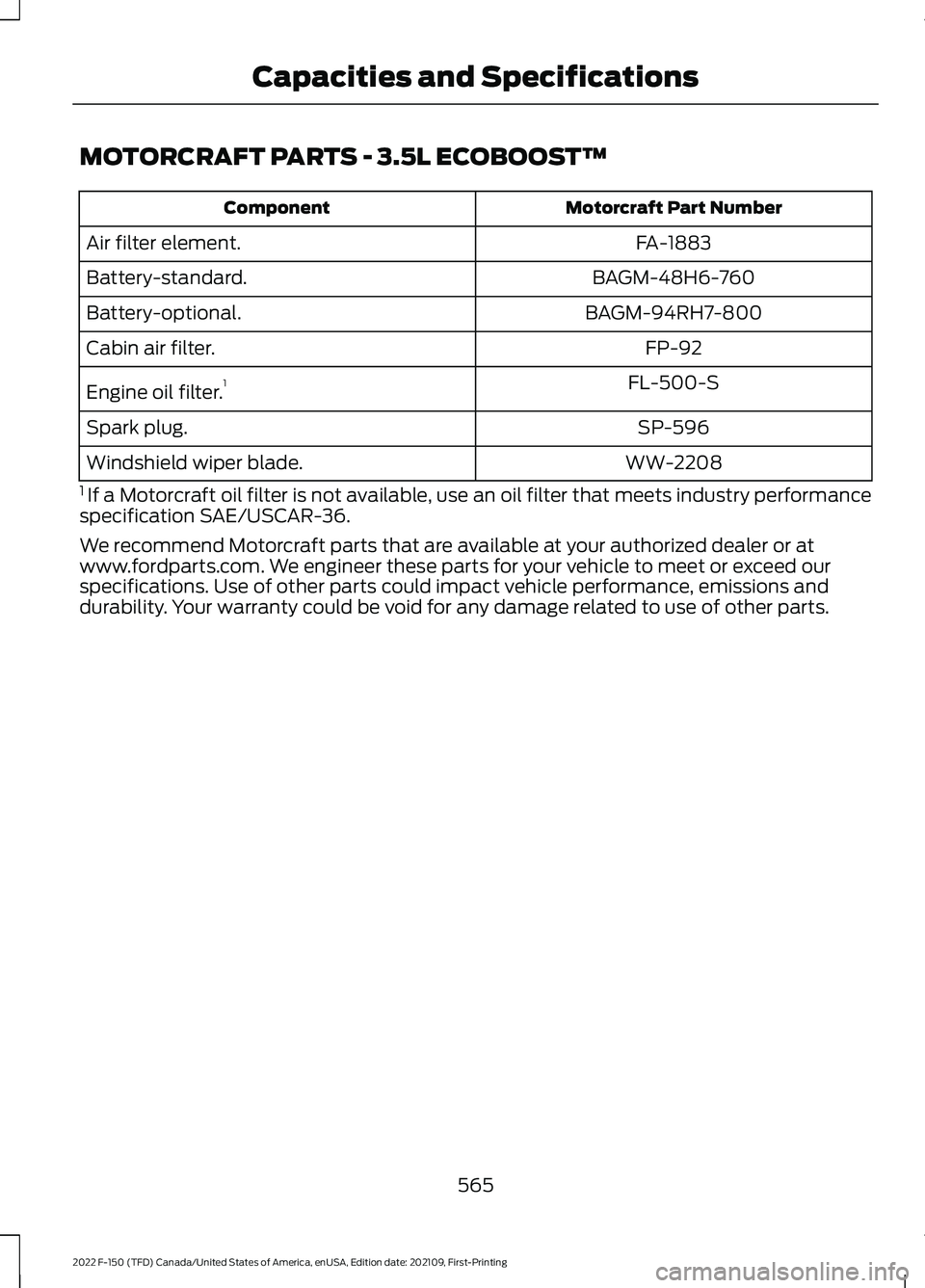 FORD F-150 2022  Owners Manual MOTORCRAFT PARTS - 3.5L ECOBOOST™
Motorcraft Part Number
Component
FA-1883
Air filter element.
BAGM-48H6-760
Battery-standard.
BAGM-94RH7-800
Battery-optional.
FP-92
Cabin air filter.
FL-500-S
Engin