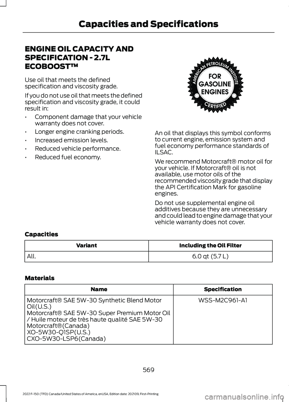 FORD F-150 2022 Owners Manual ENGINE OIL CAPACITY AND
SPECIFICATION - 2.7L
ECOBOOST™
Use oil that meets the defined
specification and viscosity grade.
If you do not use oil that meets the defined
specification and viscosity grad FORD F-150 2022 Owners Manual ENGINE OIL CAPACITY AND
SPECIFICATION - 2.7L
ECOBOOST™
Use oil that meets the defined
specification and viscosity grade.
If you do not use oil that meets the defined
specification and viscosity grad
