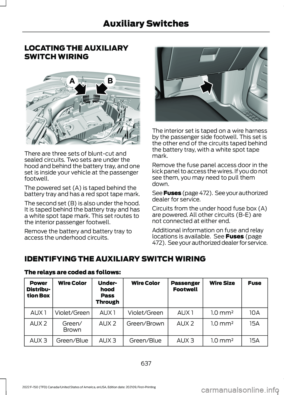 FORD F-150 2022 Owners Manual LOCATING THE AUXILIARY
SWITCH WIRING
There are three sets of blunt-cut and
sealed circuits. Two sets are under the
hood and behind the battery tray, and one
set is inside your vehicle at the passenger FORD F-150 2022 Owners Manual LOCATING THE AUXILIARY
SWITCH WIRING
There are three sets of blunt-cut and
sealed circuits. Two sets are under the
hood and behind the battery tray, and one
set is inside your vehicle at the passenger