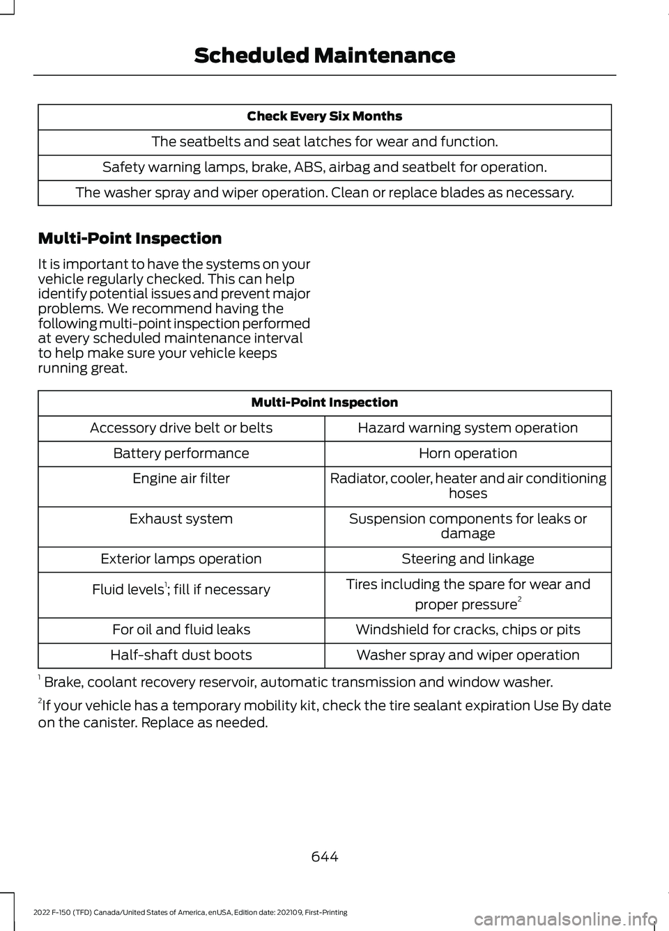 FORD F-150 2022  Owners Manual Check Every Six Months
The seatbelts and seat latches for wear and function.
Safety warning lamps, brake, ABS, airbag and seatbelt for operation.
The washer spray and wiper operation. Clean or replace