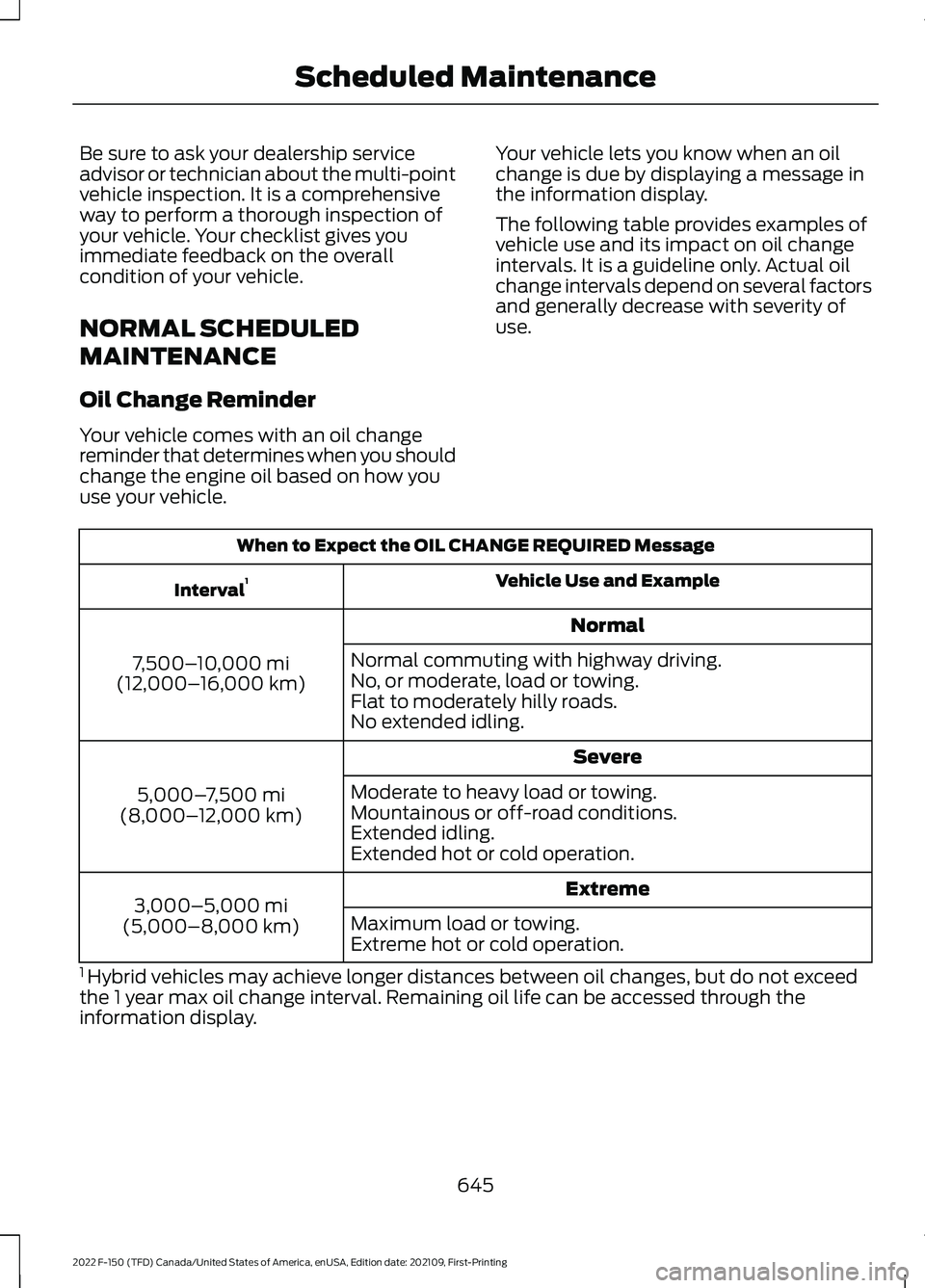 FORD F-150 2022  Owners Manual Be sure to ask your dealership service
advisor or technician about the multi-point
vehicle inspection. It is a comprehensive
way to perform a thorough inspection of
your vehicle. Your checklist gives 