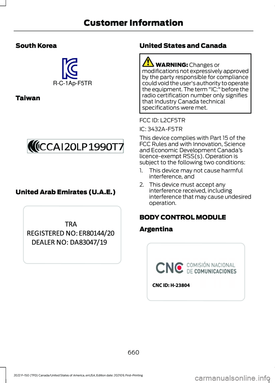 FORD F-150 2022 Owners Manual South Korea
Taiwan
United Arab Emirates (U.A.E.) United States and Canada
WARNING: Changes or
modifications not expressively approved
by the party responsible for compliance
could void the user's FORD F-150 2022 Owners Manual South Korea
Taiwan
United Arab Emirates (U.A.E.) United States and Canada
WARNING: Changes or
modifications not expressively approved
by the party responsible for compliance
could void the user's