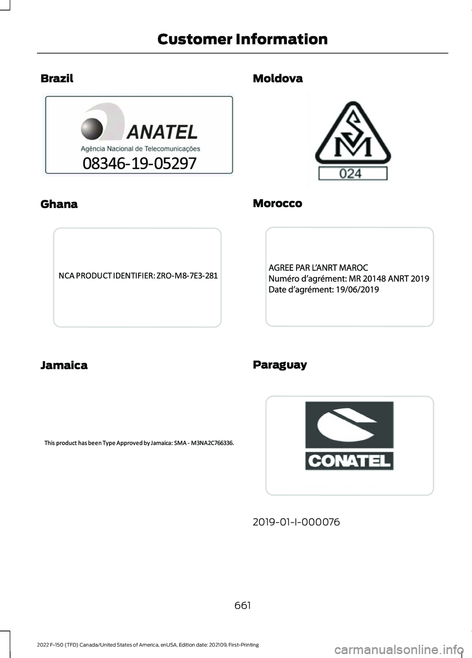 FORD F-150 2022 Owners Manual Brazil
Ghana
Jamaica Moldova
Morocco
Paraguay
2019-01-I-000076
661
2022 F-150 (TFD) Canada/United States of America, enUSA, Edition date: 202109, First-Printing Customer InformationE340499 E341433 E FORD F-150 2022 Owners Manual Brazil
Ghana
Jamaica Moldova
Morocco
Paraguay
2019-01-I-000076
661
2022 F-150 (TFD) Canada/United States of America, enUSA, Edition date: 202109, First-Printing Customer InformationE340499 E341433 E