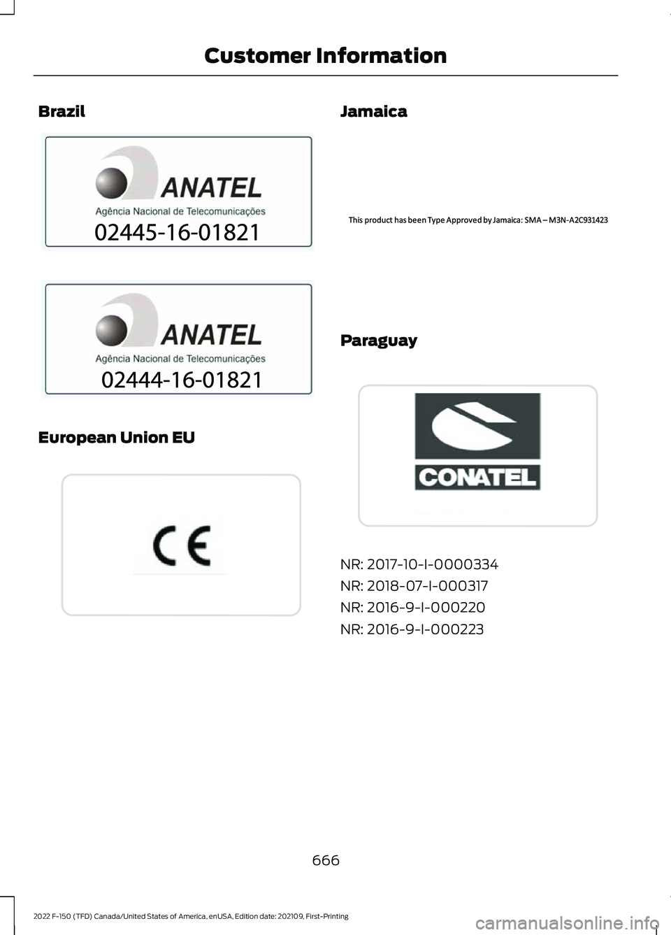 FORD F-150 2022 Owners Manual Brazil
European Union EU Jamaica
Paraguay
NR: 2017-10-I-0000334
NR: 2018-07-I-000317
NR: 2016-9-I-000220
NR: 2016-9-I-000223
666
2022 F-150 (TFD) Canada/United States of America, enUSA, Edition date: FORD F-150 2022 Owners Manual Brazil
European Union EU Jamaica
Paraguay
NR: 2017-10-I-0000334
NR: 2018-07-I-000317
NR: 2016-9-I-000220
NR: 2016-9-I-000223
666
2022 F-150 (TFD) Canada/United States of America, enUSA, Edition date: