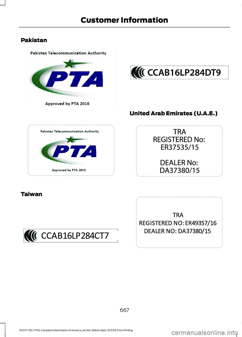 FORD F-150 2022  Owners Manual Pakistan
Taiwan United Arab Emirates (U.A.E.)
667
2022 F-150 (TFD) Canada/United States of America, enUSA, Edition date: 202109, First-Printing Customer InformationE337974  E339843  E340216   E340217 
