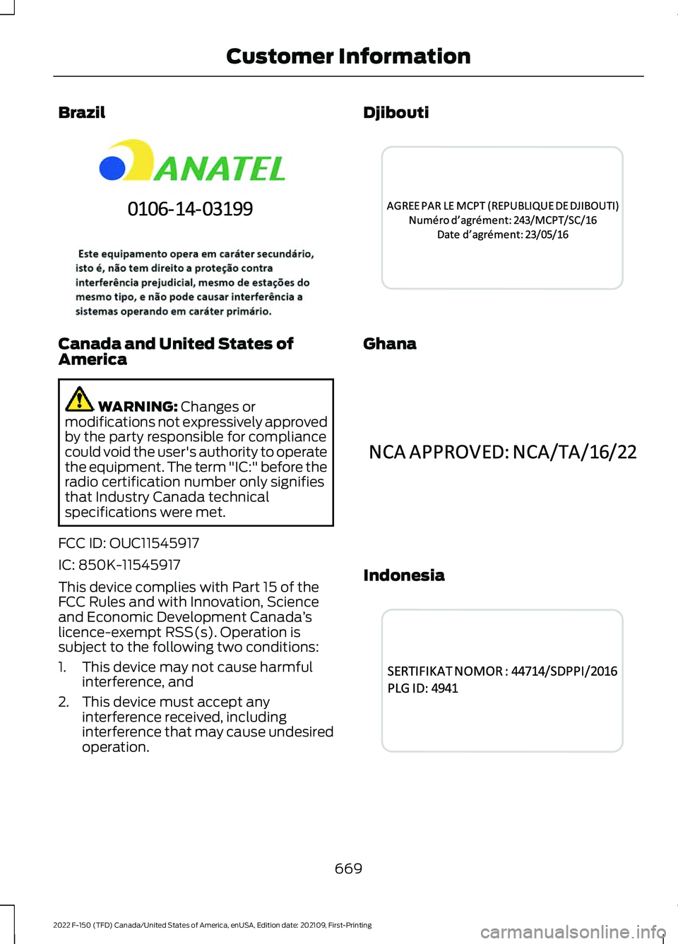 FORD F-150 2022 Owners Manual Brazil
Canada and United States of
America
WARNING: Changes or
modifications not expressively approved
by the party responsible for compliance
could void the user's authority to operate
the equipm FORD F-150 2022 Owners Manual Brazil
Canada and United States of
America
WARNING: Changes or
modifications not expressively approved
by the party responsible for compliance
could void the user's authority to operate
the equipm