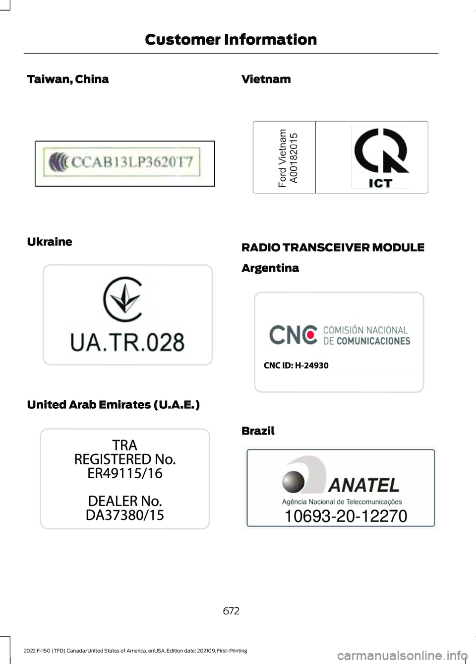 FORD F-150 2022  Owners Manual Taiwan, China
Ukraine
United Arab Emirates (U.A.E.) Vietnam
RADIO TRANSCEIVER MODULE
Argentina
Brazil
672
2022 F-150 (TFD) Canada/United States of America, enUSA, Edition date: 202109, First-Printing 