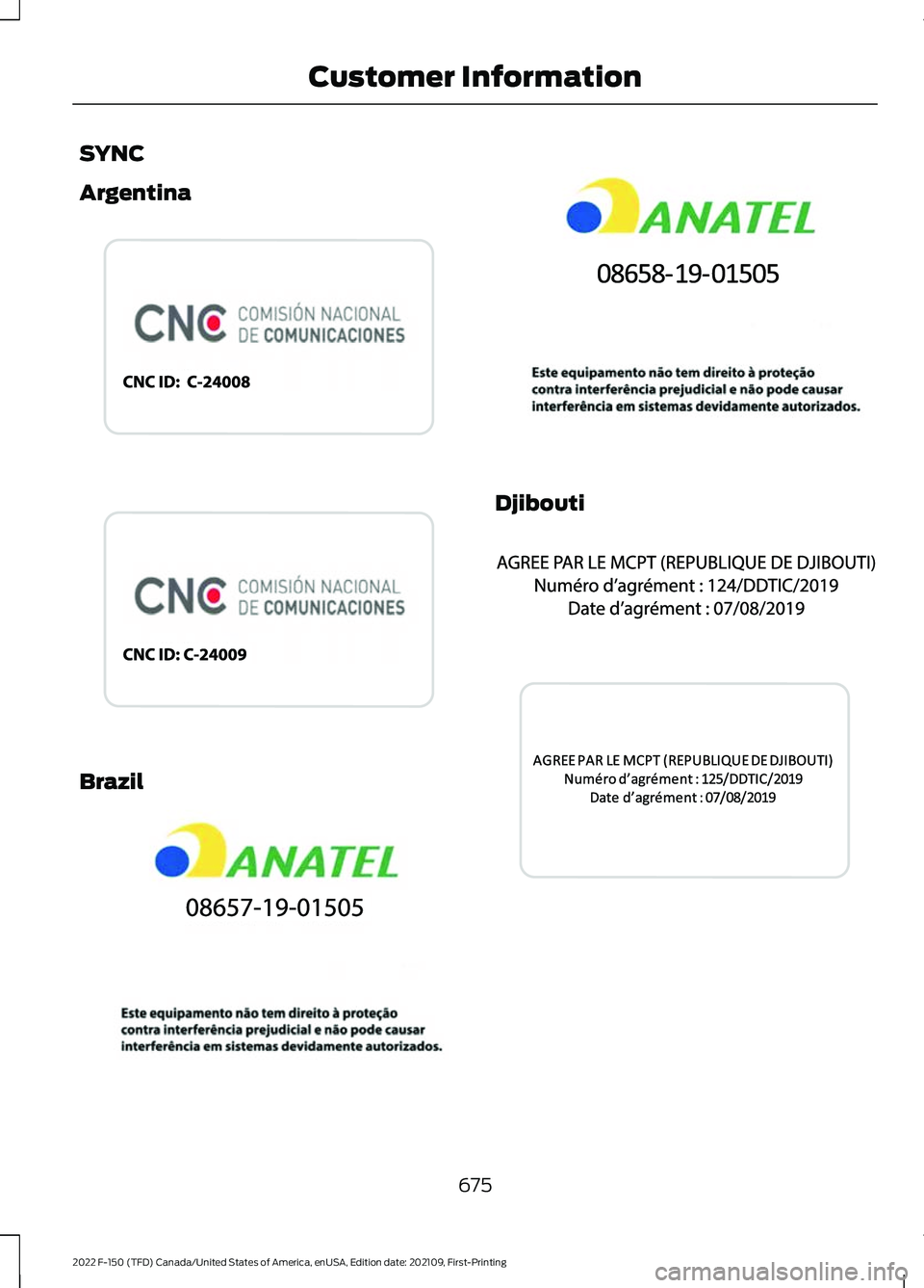 FORD F-150 2022 User Guide SYNC
Argentina
Brazil Djibouti
675
2022 F-150 (TFD) Canada/United States of America, enUSA, Edition date: 202109, First-Printing Customer InformationE338546 E338545 E342398 E342510 E342399 E34251 FORD F-150 2022 User Guide SYNC
Argentina
Brazil Djibouti
675
2022 F-150 (TFD) Canada/United States of America, enUSA, Edition date: 202109, First-Printing Customer InformationE338546 E338545 E342398 E342510 E342399 E34251