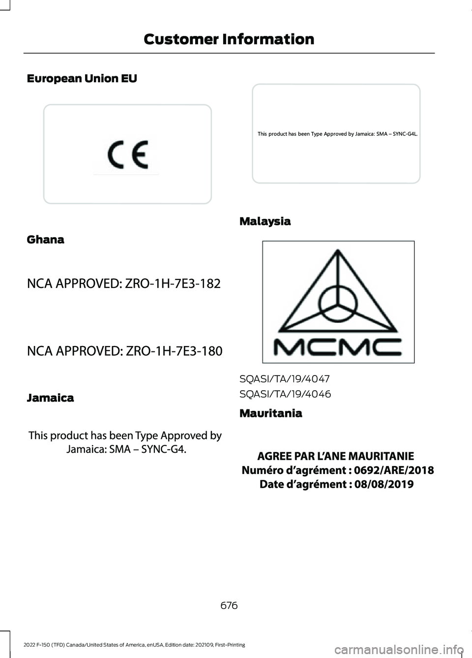 FORD F-150 2022  Owners Manual European Union EU
Ghana
Jamaica Malaysia
SQASI/TA/19/4047
SQASI/TA/19/4046
Mauritania
676
2022 F-150 (TFD) Canada/United States of America, enUSA, Edition date: 202109, First-Printing Customer Informa