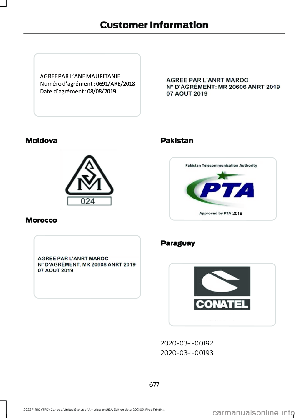 FORD F-150 2022  Owners Manual Moldova
Morocco Pakistan
Paraguay
2020-03-I-00192
2020-03-I-00193
677
2022 F-150 (TFD) Canada/United States of America, enUSA, Edition date: 202109, First-Printing Customer InformationE342513  E337971