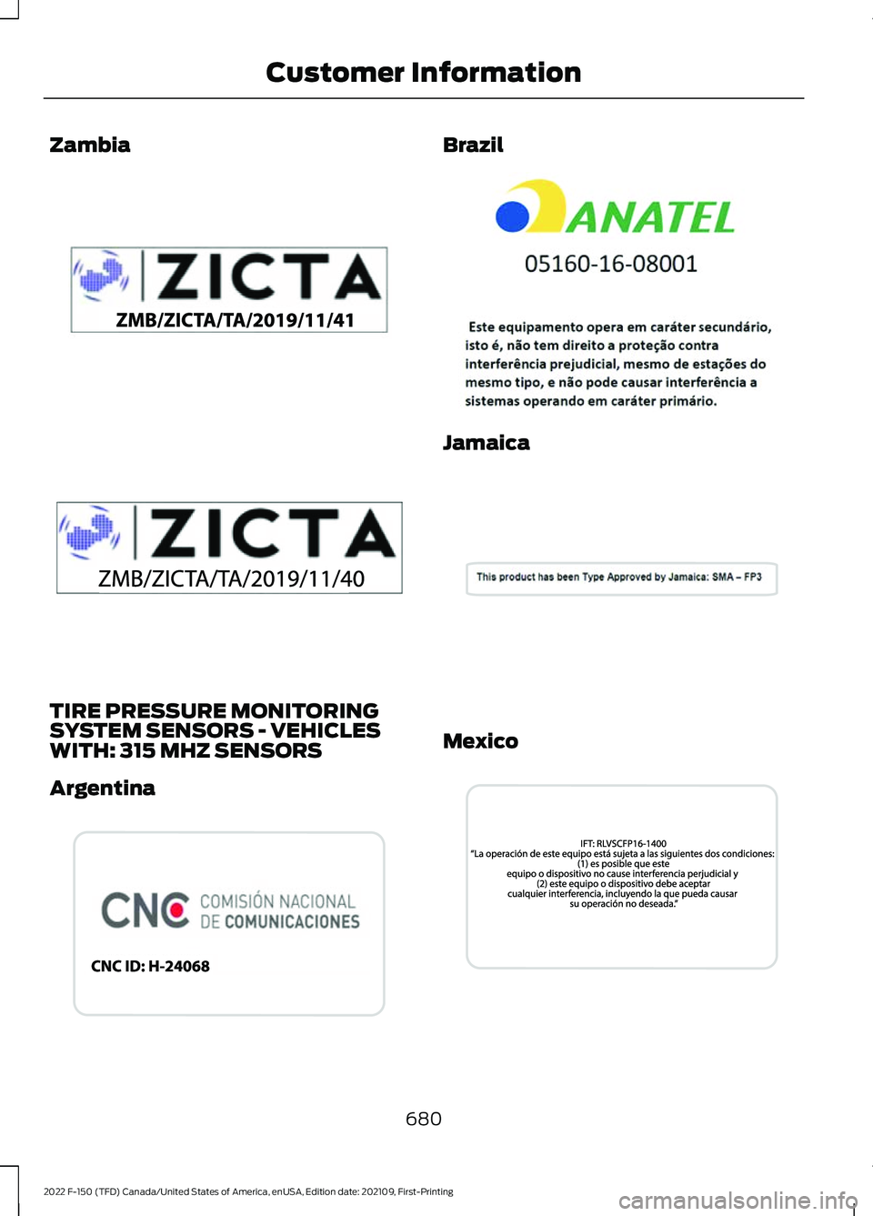 FORD F-150 2022 Owners Manual Zambia
TIRE PRESSURE MONITORING
SYSTEM SENSORS - VEHICLES
WITH: 315 MHZ SENSORS
Argentina Brazil
Jamaica
Mexico
680
2022 F-150 (TFD) Canada/United States of America, enUSA, Edition date: 202109, First FORD F-150 2022 Owners Manual Zambia
TIRE PRESSURE MONITORING
SYSTEM SENSORS - VEHICLES
WITH: 315 MHZ SENSORS
Argentina Brazil
Jamaica
Mexico
680
2022 F-150 (TFD) Canada/United States of America, enUSA, Edition date: 202109, First