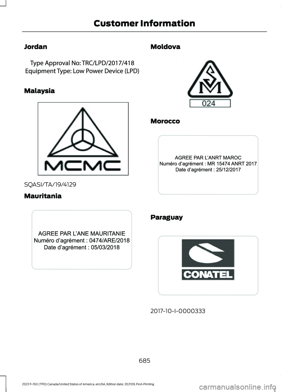 FORD F-150 2022  Owners Manual Jordan
Malaysia
SQASI/TA/19/4129
Mauritania Moldova
Morocco
Paraguay
2017-10-I-0000333
685
2022 F-150 (TFD) Canada/United States of America, enUSA, Edition date: 202109, First-Printing Customer Inform