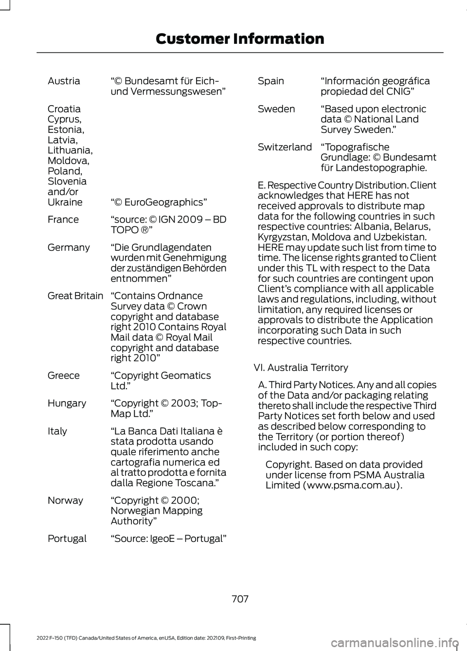 FORD F-150 2022  Owners Manual “© Bundesamt für Eich-
und Vermessungswesen
”
Austria
“© EuroGeographics”
Croatia
Cyprus,
Estonia,
Latvia,
Lithuania,
Moldova,
Poland,
Slovenia
and/or
Ukraine
“source: © IGN 2009 – BD
