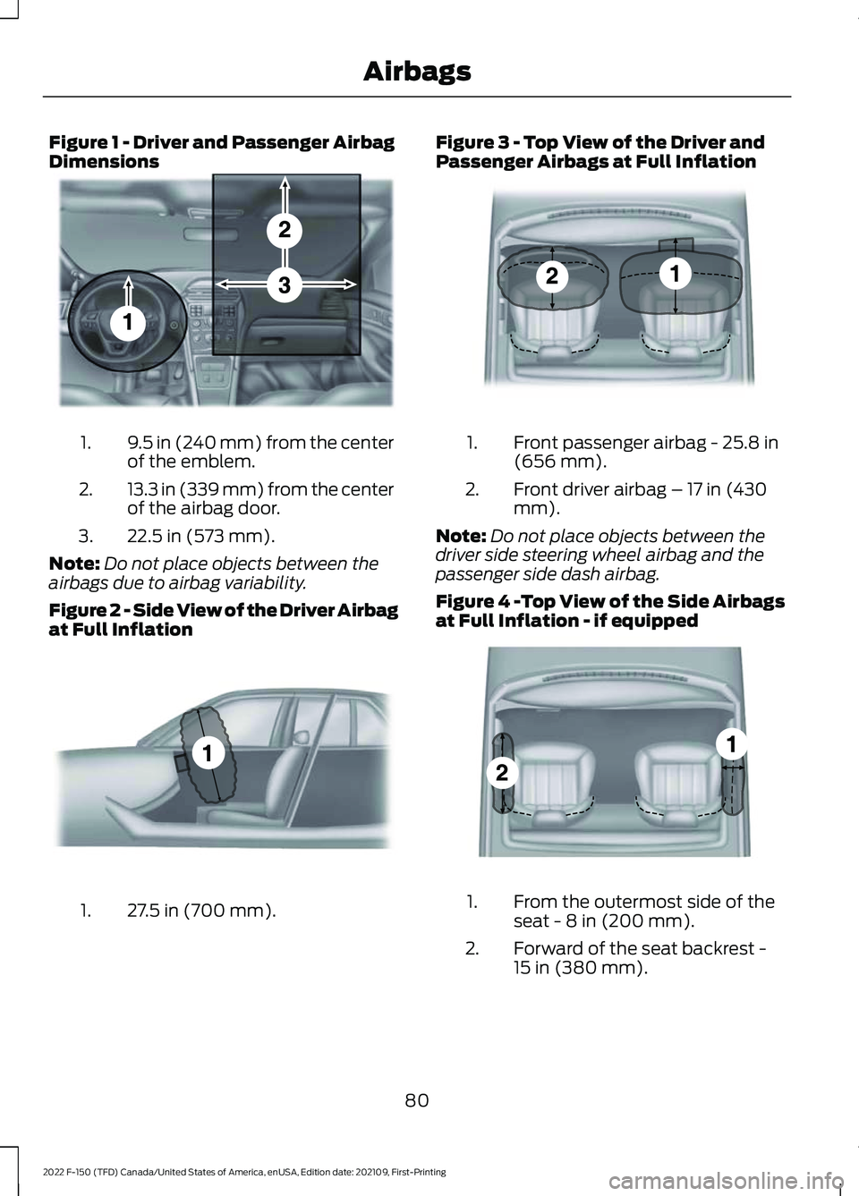 FORD F-150 2022 Manual Online Figure 1 - Driver and Passenger Airbag
Dimensions
9.5 in (240 mm) from the center
of the emblem.
1.
13.3 in (339 mm) from the center
of the airbag door.
2.
22.5 in (573 mm).
3.
Note: Do not place obje