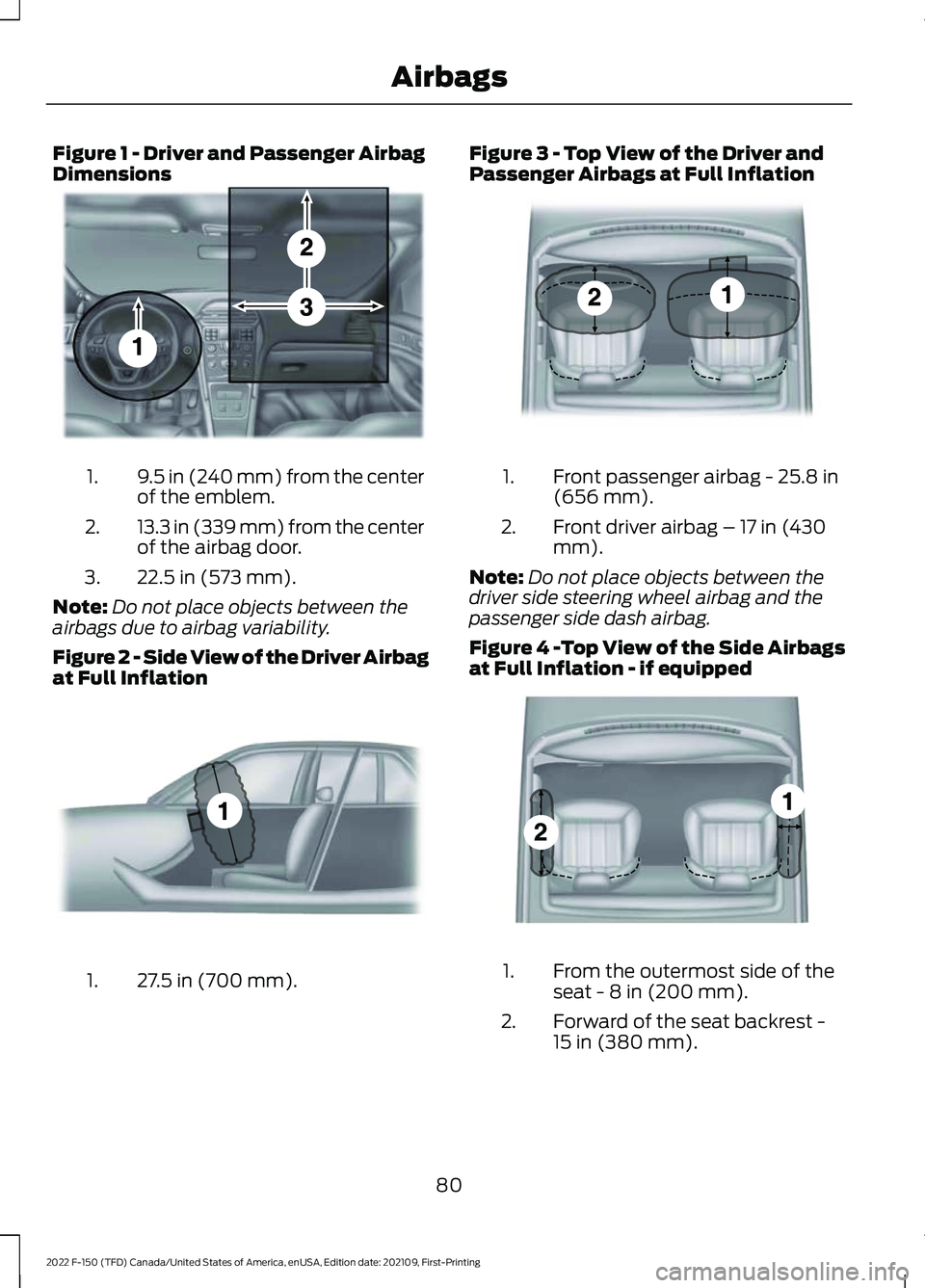 FORD F-150 2022  Owners Manual Figure 1 - Driver and Passenger Airbag
Dimensions
9.5 in (240 mm) from the center
of the emblem.
1.
13.3 in (339 mm) from the center
of the airbag door.
2.
22.5 in (573 mm).
3.
Note: Do not place obje