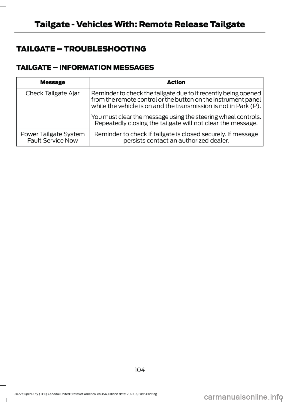 FORD F-250 2022 Owners Manual TAILGATE – TROUBLESHOOTING
TAILGATE – INFORMATION MESSAGES
Action
Message
Reminder to check the tailgate due to it recently being opened
from the remote control or the button on the instrument pan FORD F-250 2022 Owners Manual TAILGATE – TROUBLESHOOTING
TAILGATE – INFORMATION MESSAGES
Action
Message
Reminder to check the tailgate due to it recently being opened
from the remote control or the button on the instrument pan