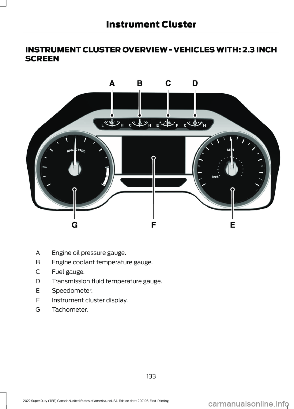FORD F-250 2022  Owners Manual INSTRUMENT CLUSTER OVERVIEW - VEHICLES WITH: 2.3 INCH
SCREEN
Engine oil pressure gauge.
A
Engine coolant temperature gauge.
B
Fuel gauge.
C
Transmission fluid temperature gauge.
D
Speedometer.
E
Instr