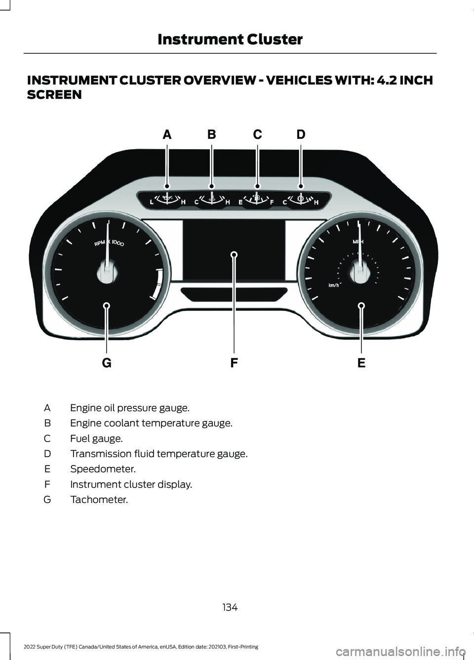 FORD F-250 2022  Owners Manual INSTRUMENT CLUSTER OVERVIEW - VEHICLES WITH: 4.2 INCH
SCREEN
Engine oil pressure gauge.
A
Engine coolant temperature gauge.
B
Fuel gauge.
C
Transmission fluid temperature gauge.
D
Speedometer.
E
Instr