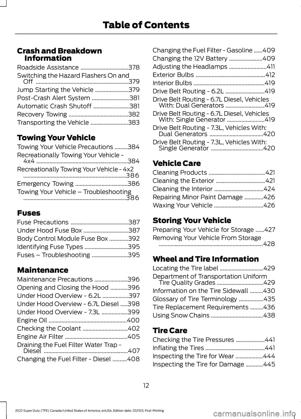 FORD F-250 2022  Owners Manual Crash and Breakdown
Information
Roadside Assistance .................................378
Switching the Hazard Flashers On and Off ................................................................
379
J