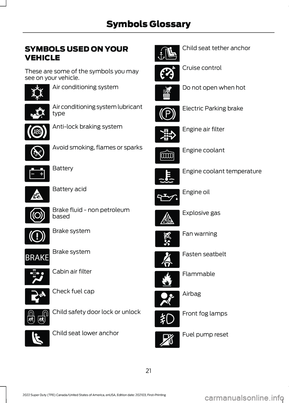 FORD F-250 2022  Owners Manual SYMBOLS USED ON YOUR
VEHICLE
These are some of the symbols you may
see on your vehicle.
Air conditioning system
Air conditioning system lubricant
type
Anti-lock braking system
Avoid smoking, flames or