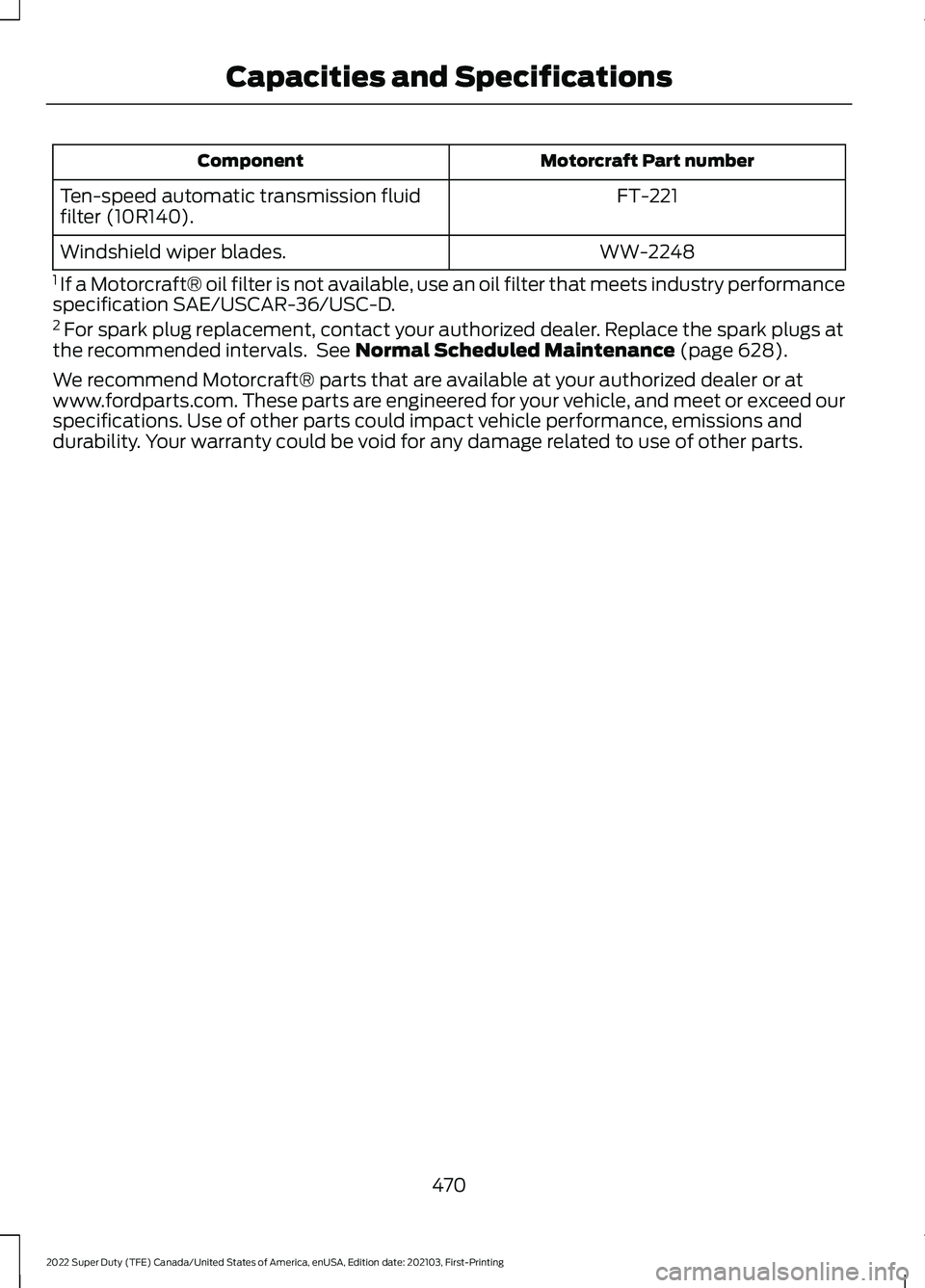 FORD F-250 2022 Owners Manual Motorcraft Part number
Component
FT-221
Ten-speed automatic transmission fluid
filter (10R140).
WW-2248
Windshield wiper blades.
1 If a Motorcraft® oil filter is not available, use an oil filter tha FORD F-250 2022 Owners Manual Motorcraft Part number
Component
FT-221
Ten-speed automatic transmission fluid
filter (10R140).
WW-2248
Windshield wiper blades.
1 If a Motorcraft® oil filter is not available, use an oil filter tha