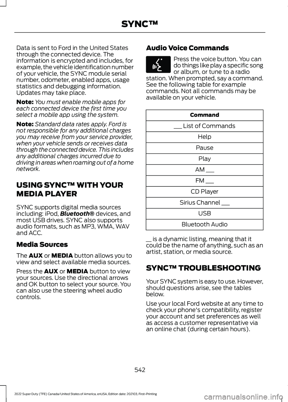 FORD F-250 2022 Owners Manual Data is sent to Ford in the United States
through the connected device. The
information is encrypted and includes, for
example, the vehicle identification number
of your vehicle, the SYNC module seria FORD F-250 2022 Owners Manual Data is sent to Ford in the United States
through the connected device. The
information is encrypted and includes, for
example, the vehicle identification number
of your vehicle, the SYNC module seria
