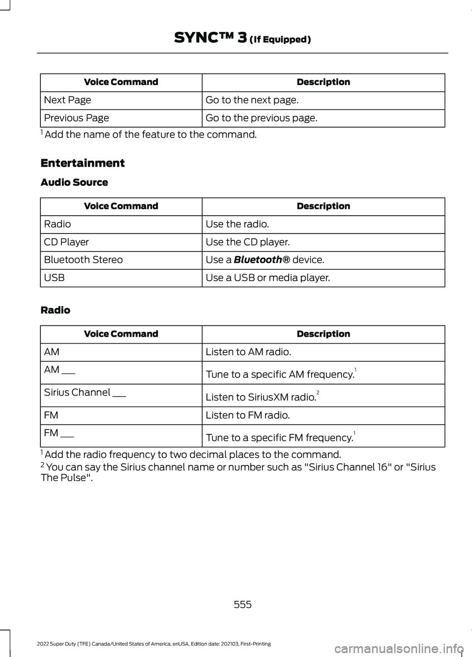 FORD F-250 2022 Owners Manual Description
Voice Command
Go to the next page.
Next Page
Go to the previous page.
Previous Page
1 Add the name of the feature to the command.
Entertainment
Audio Source Description
Voice Command
Use FORD F-250 2022 Owners Manual Description
Voice Command
Go to the next page.
Next Page
Go to the previous page.
Previous Page
1 Add the name of the feature to the command.
Entertainment
Audio Source Description
Voice Command
Use