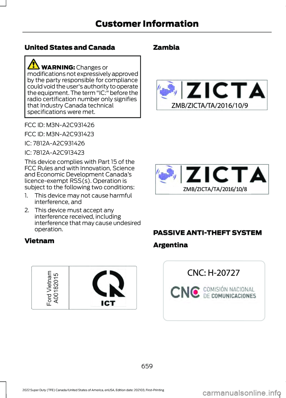 FORD F-250 2022  Owners Manual United States and Canada
WARNING: Changes or
modifications not expressively approved
by the party responsible for compliance
could void the user's authority to operate
the equipment. The term "