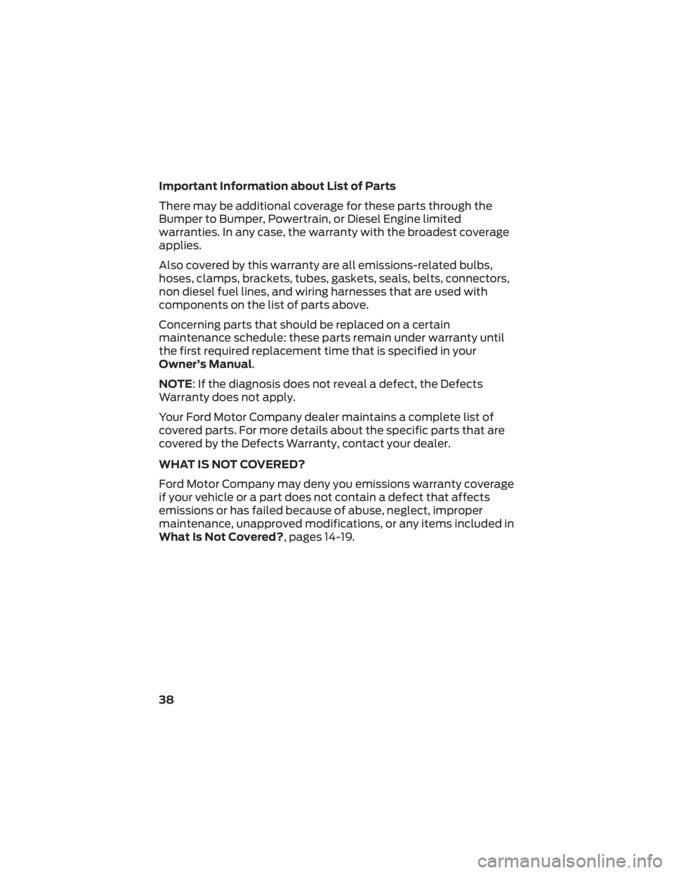 FORD F-250 2022  Warranty Guide Important Information about List of Parts
There may be additional coverage for these parts through the
Bumper to Bumper, Powertrain, or Diesel Engine limited
warranties. In any case, the warranty with